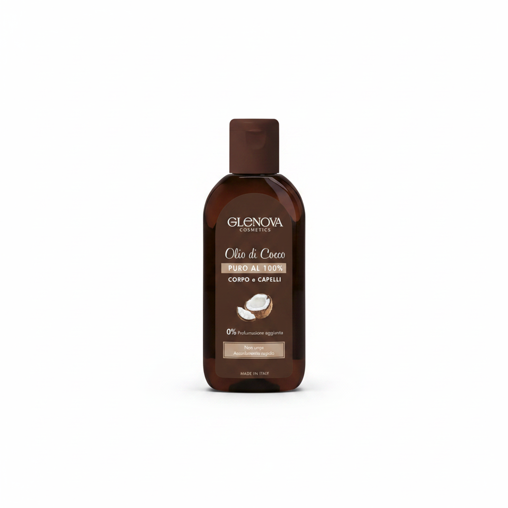 Glenova Cosmetics Olio di Cocco Puro al 100% Corpo e Capelli - sfondo bianco