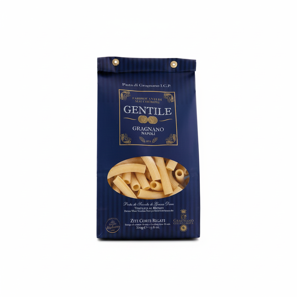 Pasta Gentile Ziti Corti Rigati Gragnano IGP 500g - sfondo bianco