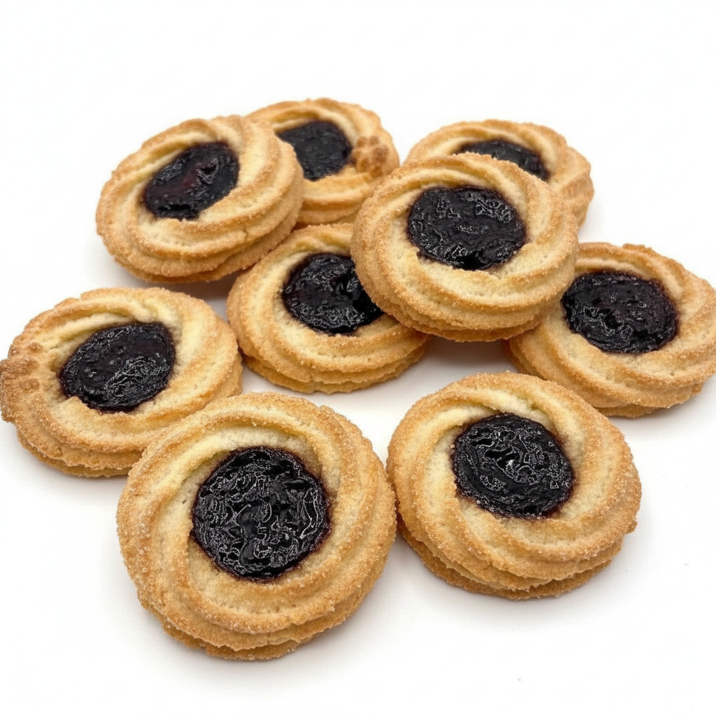 Composizione di biscotti pasta di mandorle con cuore di visciole su sfondo bianco