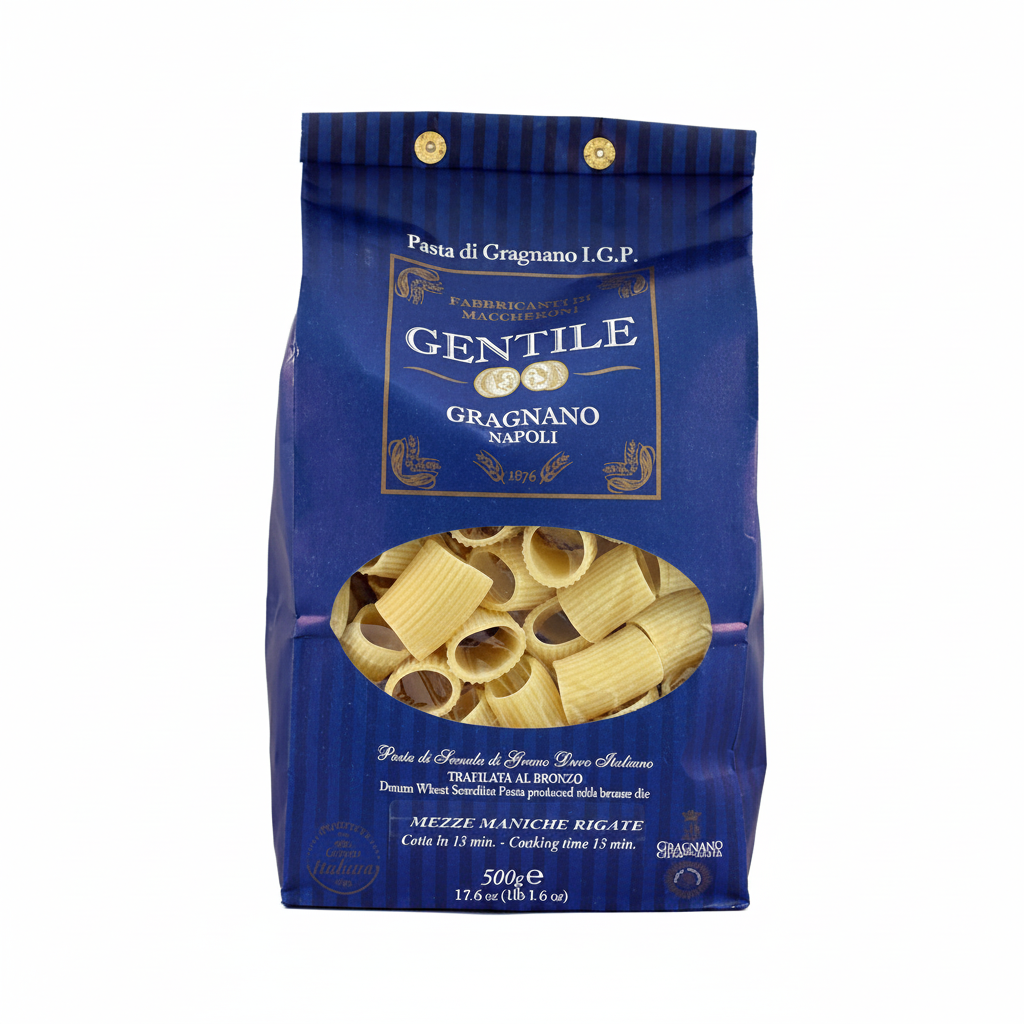 Pasta Gentile Mezze Maniche Rigate Gragnano IGP 500g - sfondo bianco